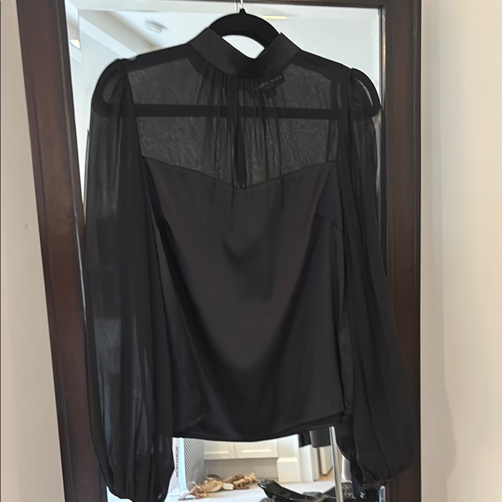 Generation Love Black Sheer High Low Mandarin Collar Blouse